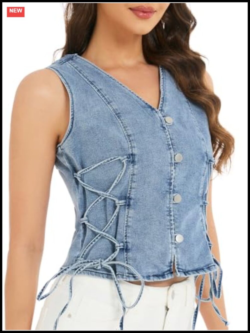 Women's Stretch Denim Vest Cropped Side Lace-Up Y2K Jean Vest Sleeveless